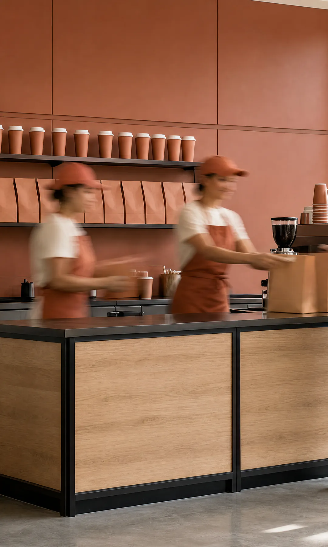 Cafeteria de uma rede com duas funcionárias atrás do balcão atendendo uma cliente