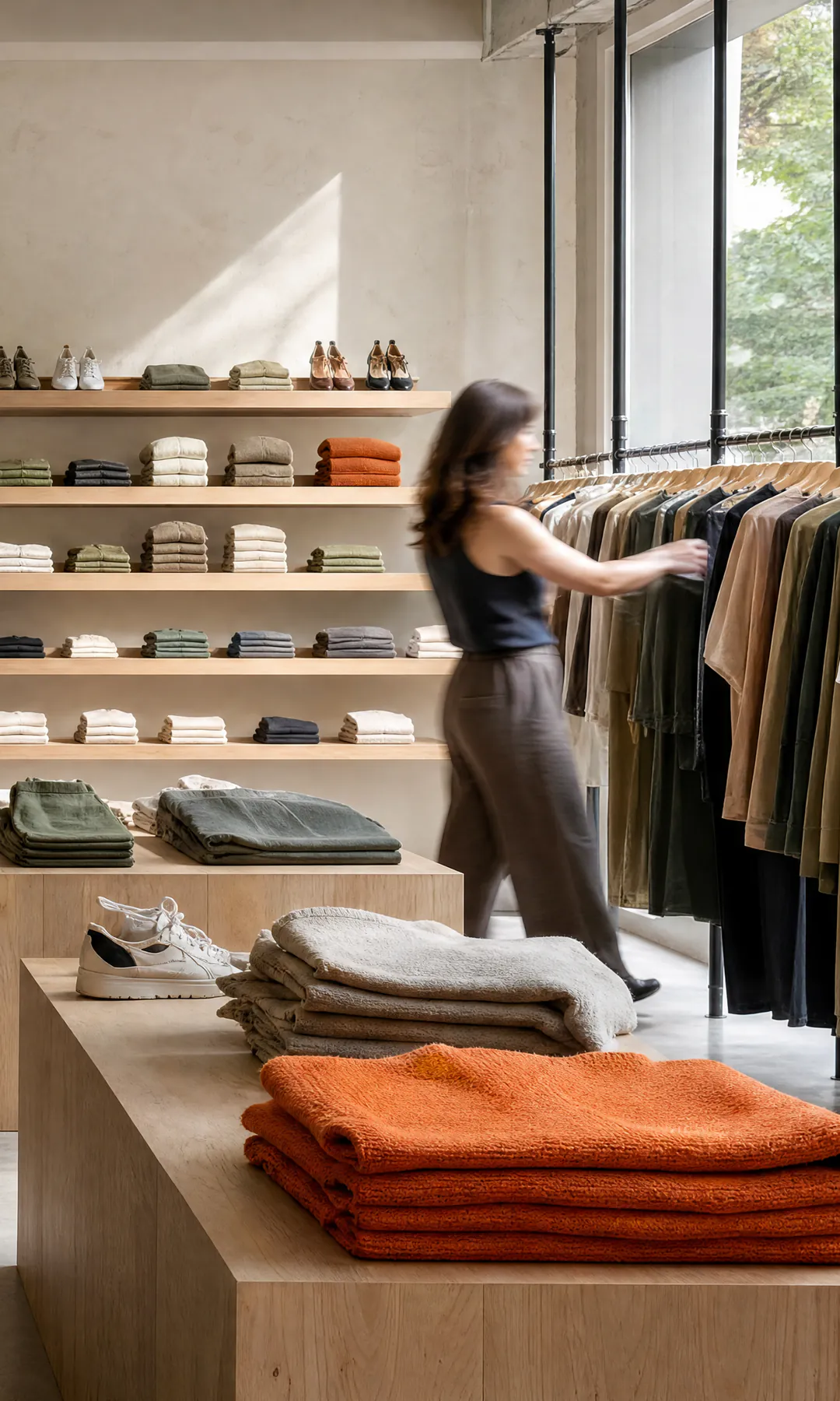 Loja de roupas com araras e prateleiras de madeira: uma cliente olha peças e outro cliente caminha até os provadores