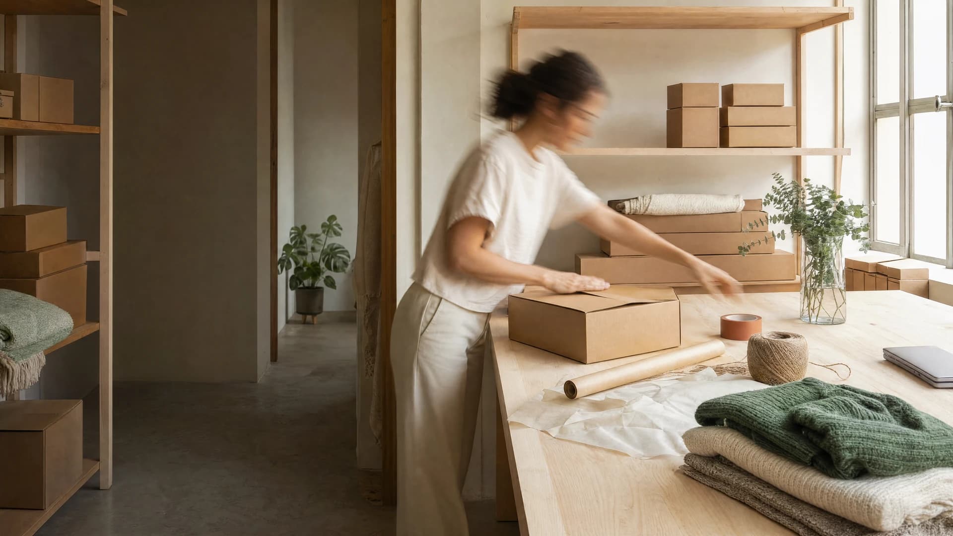 Una persona arma un paquete con un pedido online sobre una mesa de madera, junto a prendas tejidas dobladas y estantes con cajas.