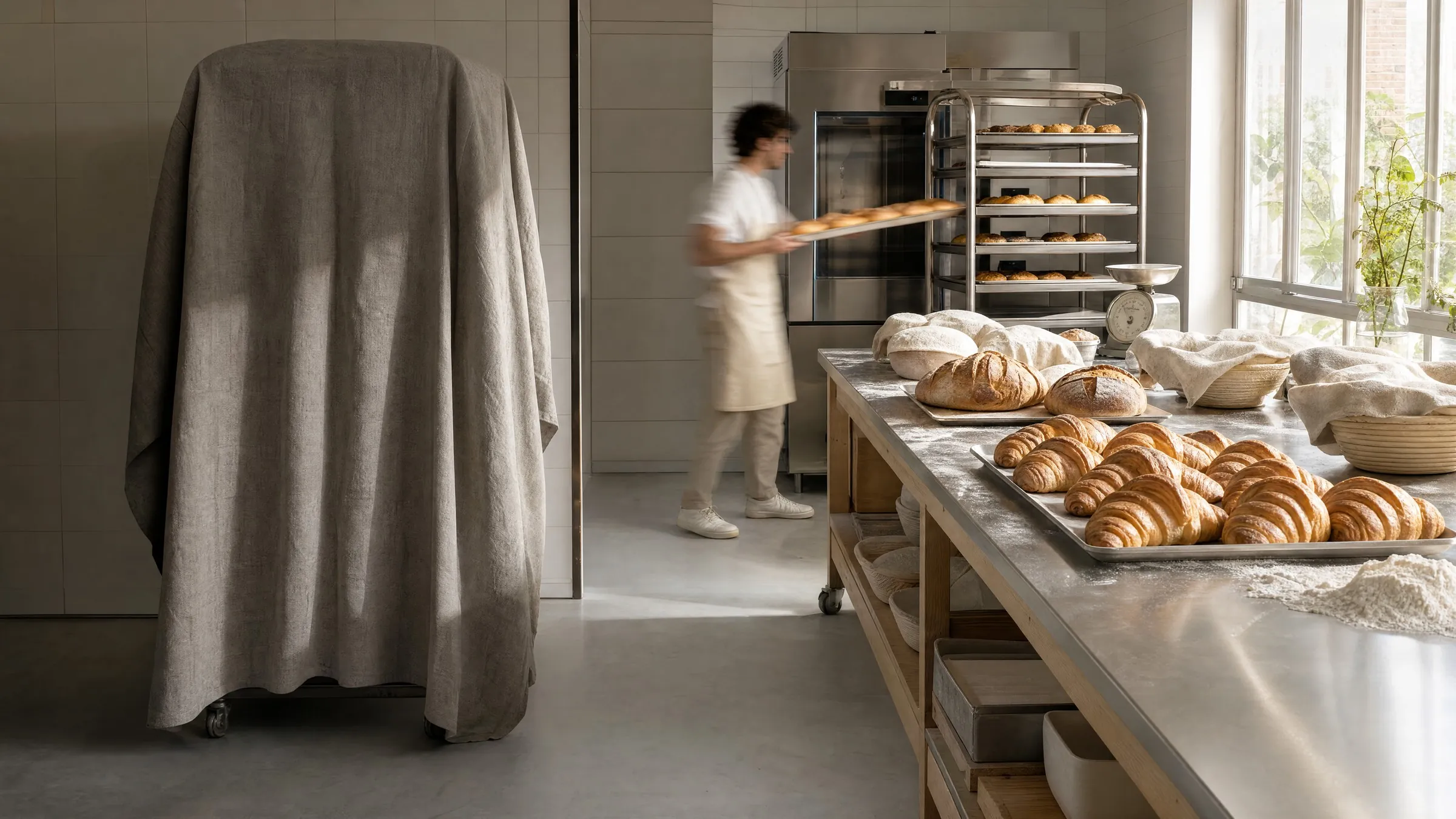 Un panadero saca una bandeja del horno en una cocina de producción, con croissants y panes recién horneados sobre la mesa de trabajo.
